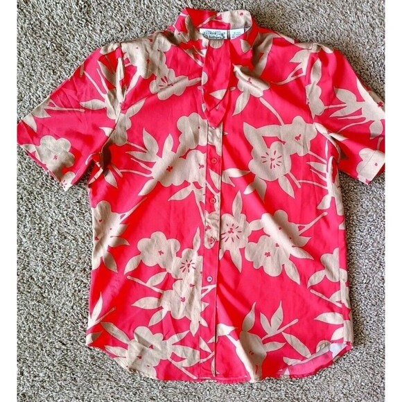 Vintage The Villager Blouse Button Up With Neck Tie Size 10 Red Floral Print - Picture 5 of 6